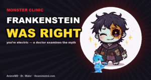 Frankenstein was right — you're electric. Monster Clinic eyecatch with chibi monster