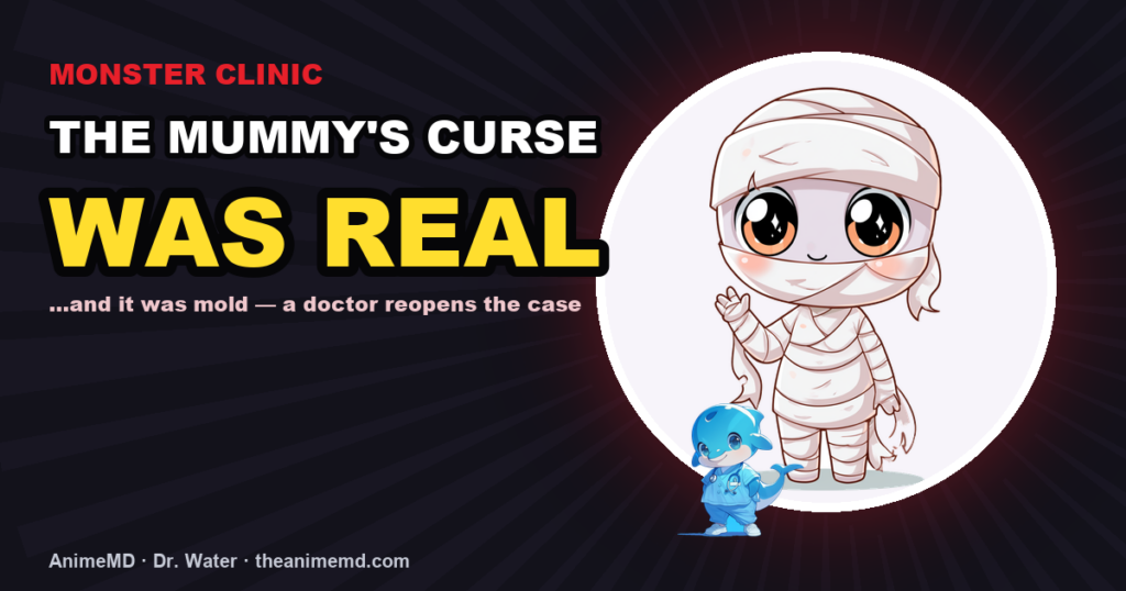 The mummy’s curse was real — and it was mold. Chibi mummy in a white medal on dark background