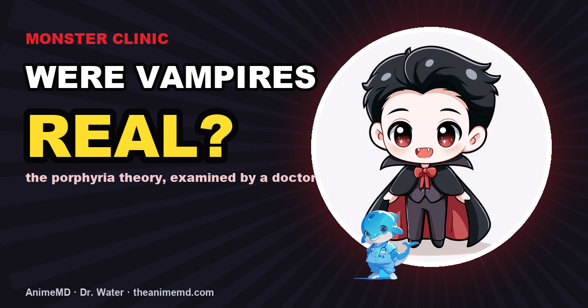 Were vampires real? The porphyria theory examined by a doctor — chibi vampire in a white medal on dark background