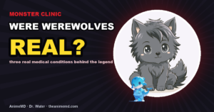 Were werewolves real? Three real medical conditions behind the legend — chibi werewolf in a white medal on dark background