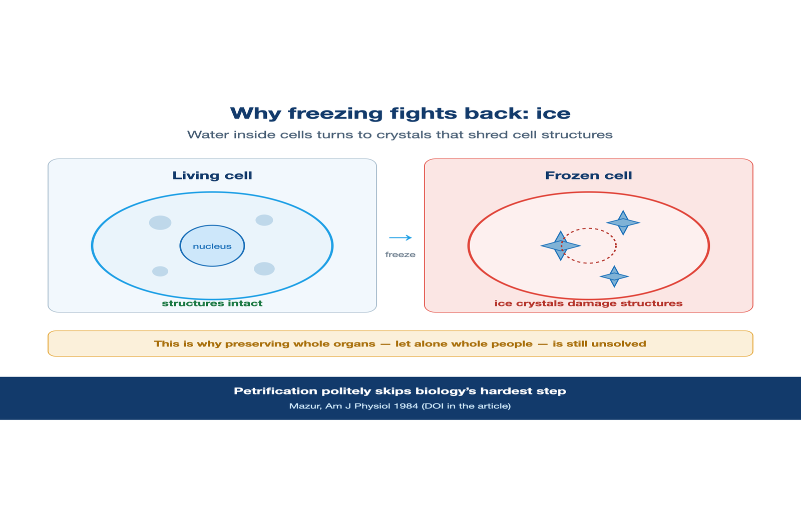 Why freezing damages cells: ice crystals shred cell structures.