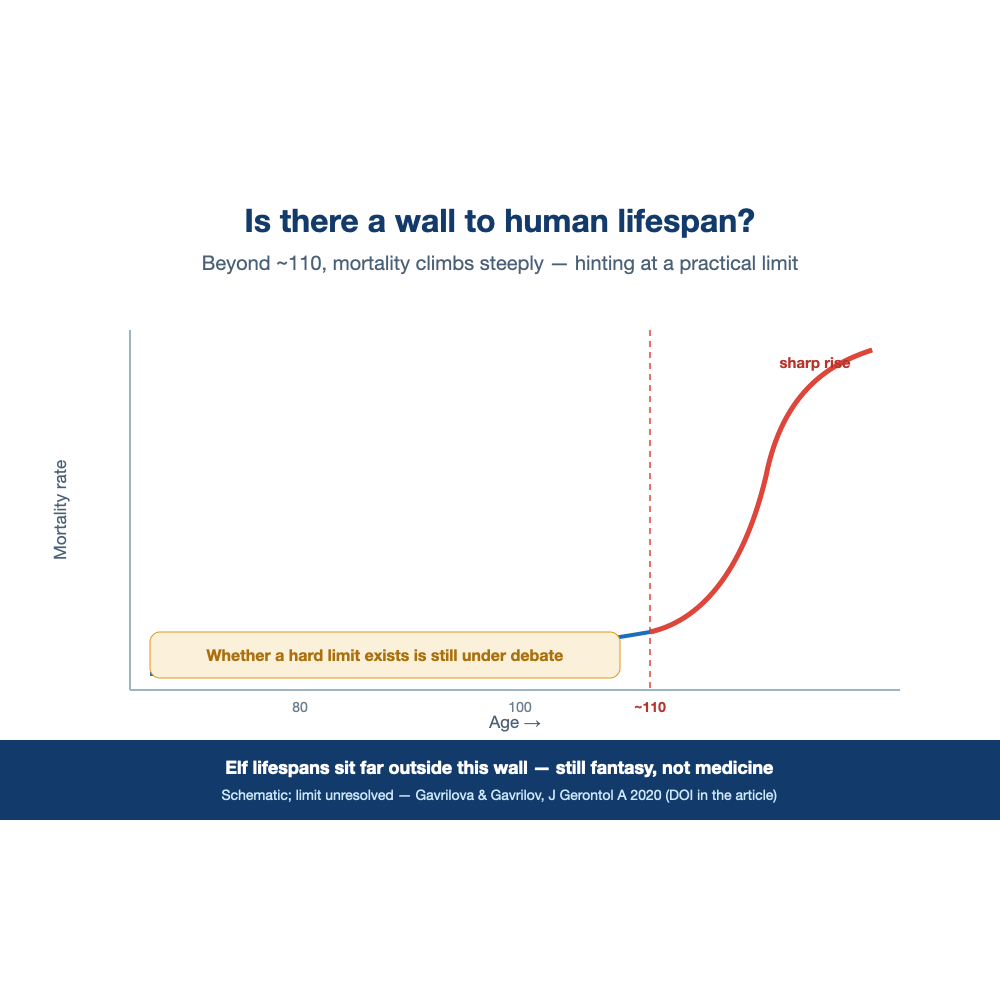 in the extreme-old range, mortality rises sharply (limit still under debate)