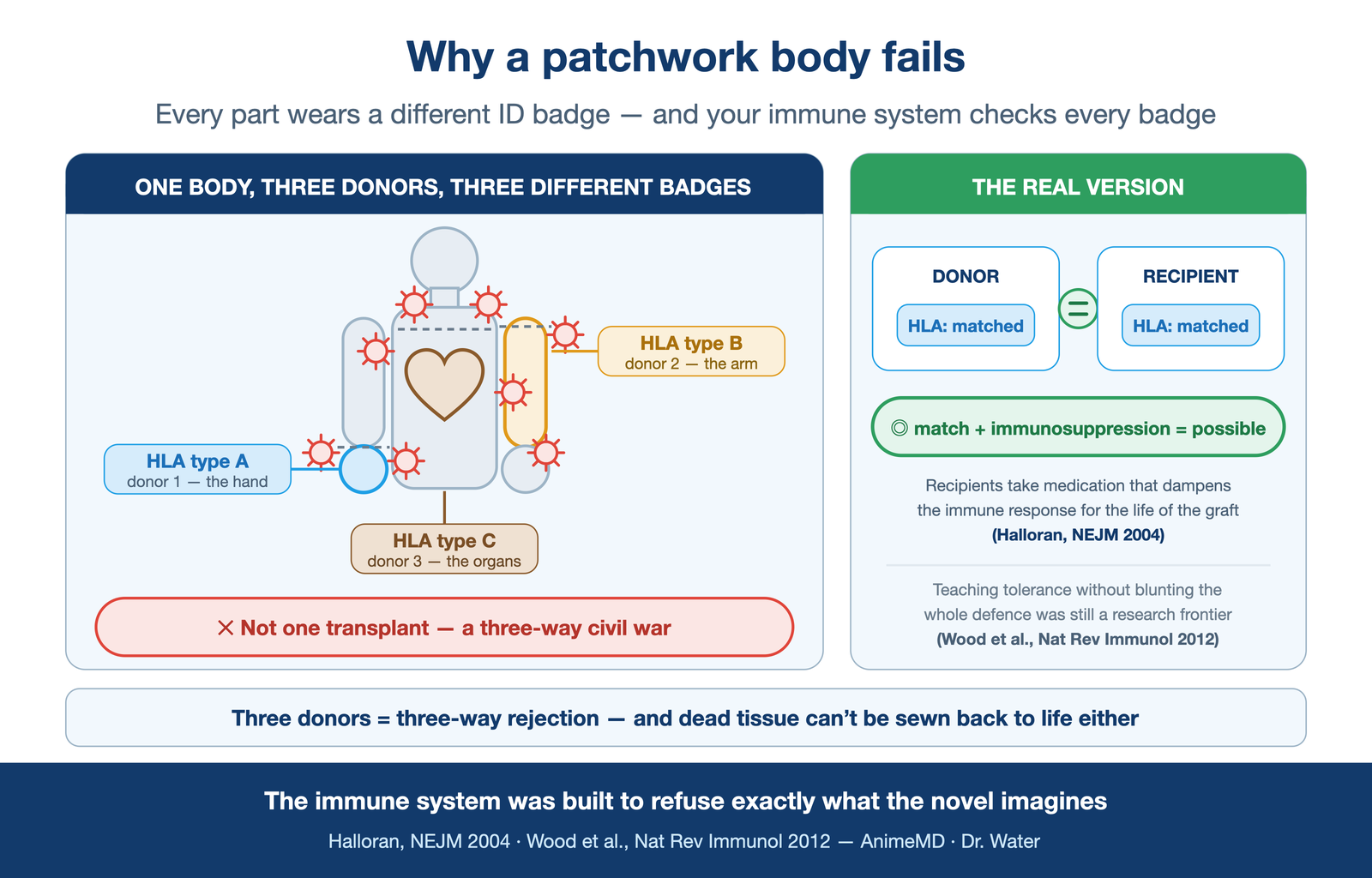 why a patchwork body fails — three body parts each stamped with a different "HLA badge," immune cells swarming the mismatches with red ✕; inset: matched donor/recipient badges shaking hands under "match + immunosuppression = possible,"