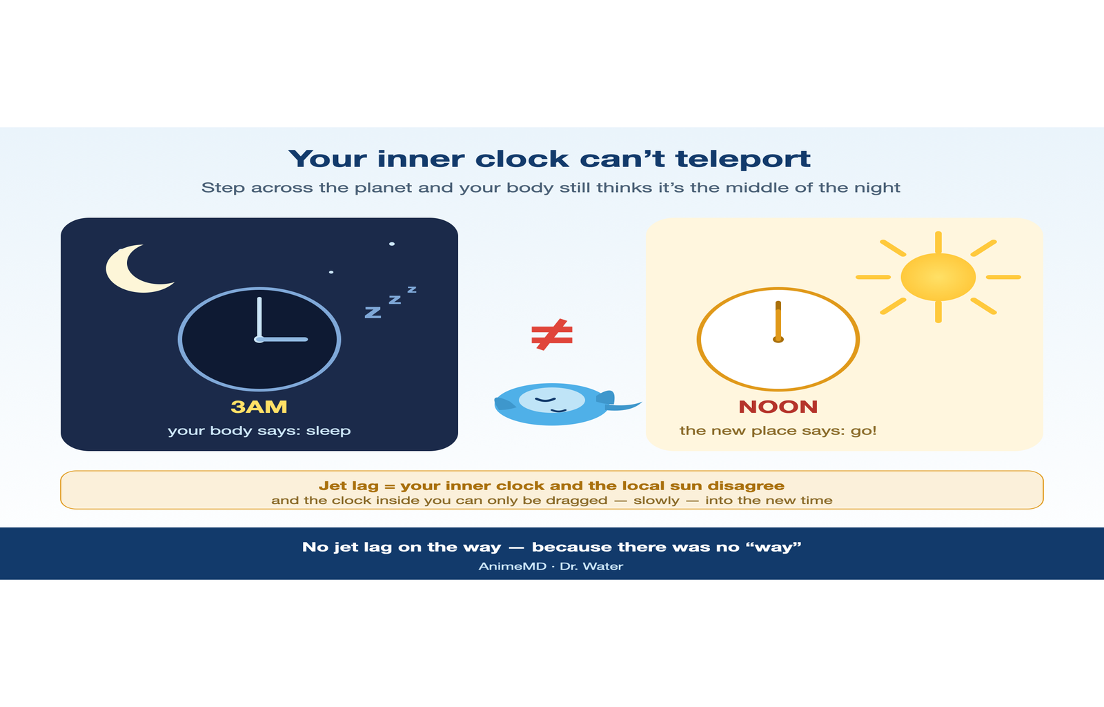 Jet lag: your inner clock still says night while the destination is in daytime.