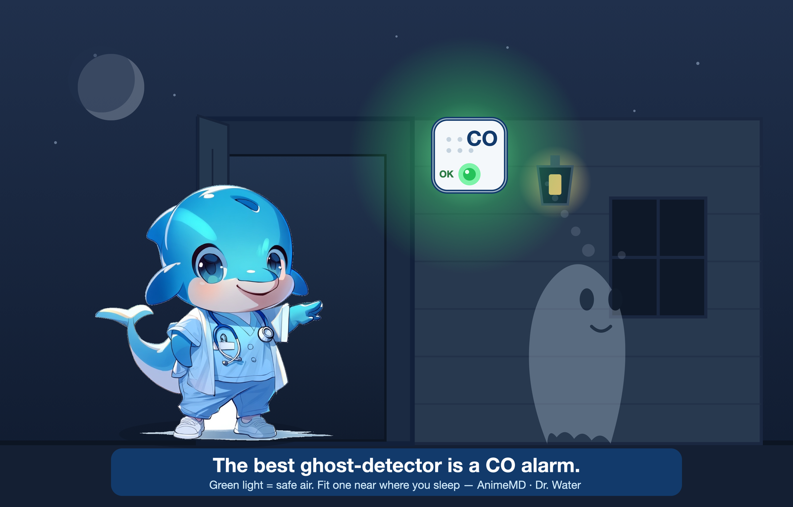 Dr. Water in the doorway of a gaslit \u201chaunted\u201d house, holding up a small green-blinking CO alarm like a lantern: the best ghost-detector is a CO alarm.