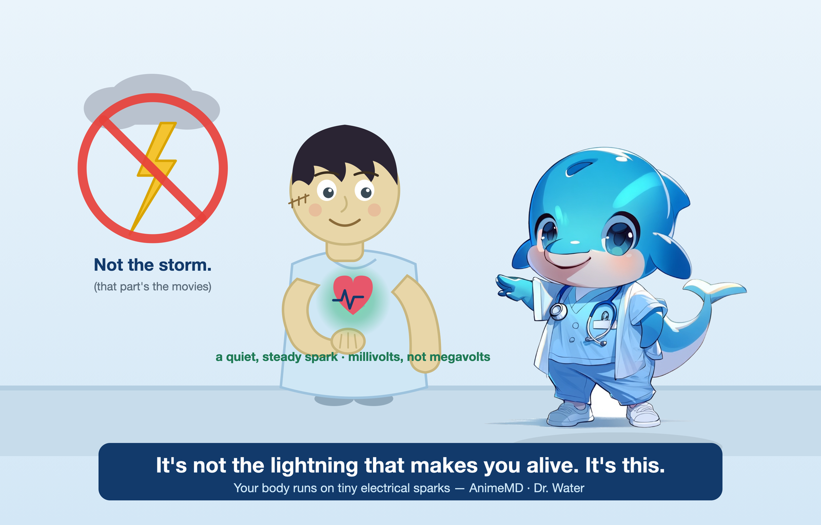 Dr. Water beside a gentle, original creation-of-a-person patient, pointing not at a crossed-out lightning bolt overhead but at a small steady heartbeat in the patient\u2019s chest: it\u2019s not the lightning that makes you alive \u2014 it\u2019s this.