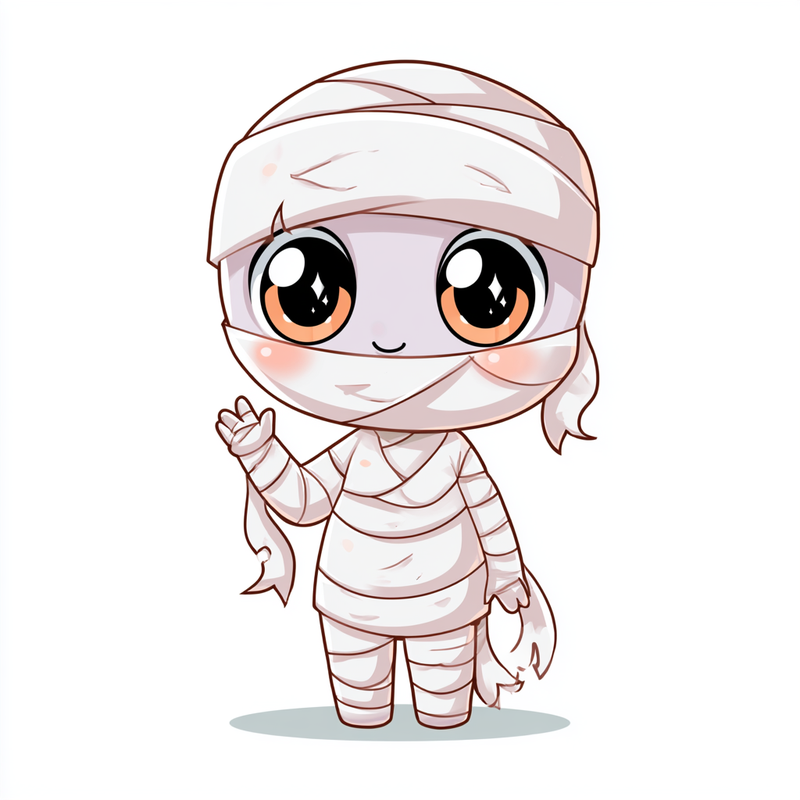 A cute original chibi mummy wrapped in soft white bandages, waving — today’s patient at the Monster Clinic