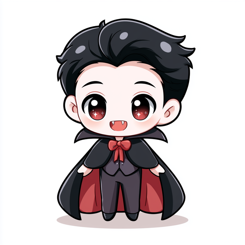 A cute original chibi vampire boy in a black cape with tiny fangs — today’s patient at the Monster Clinic