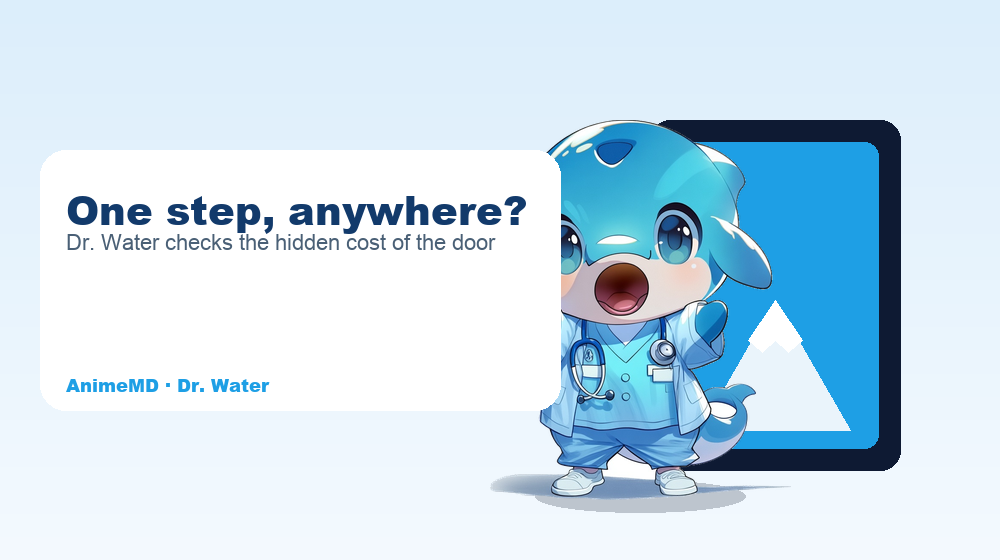 Dr. Water at a glowing Anywhere Door with a mountain peak beyond.