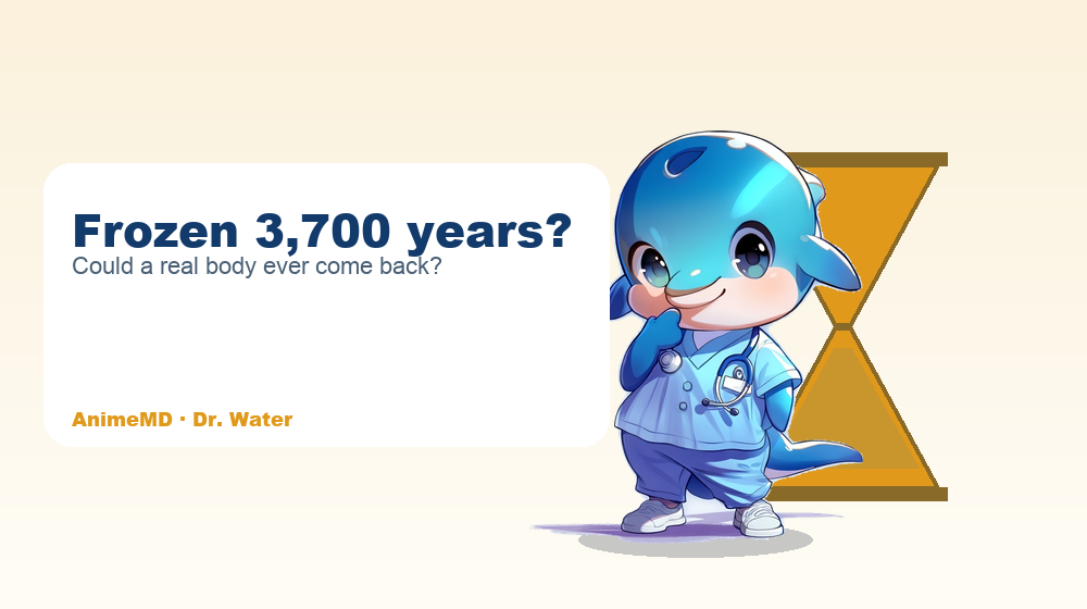 Dr. Water pondering beside an hourglass, thinking about 3,700 years frozen.