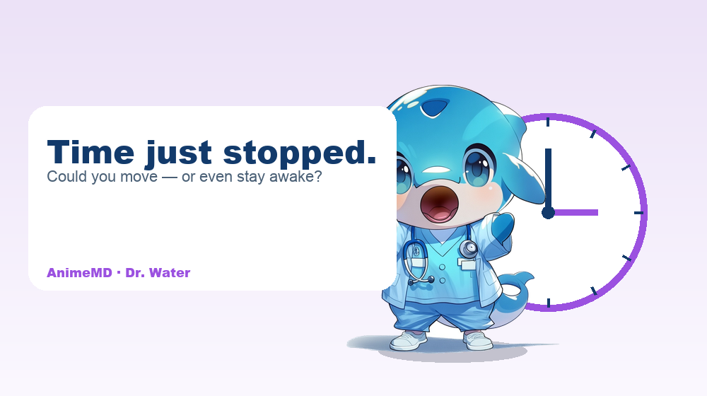 Dr. Water startled beside a stopped clock frozen at three o’clock.