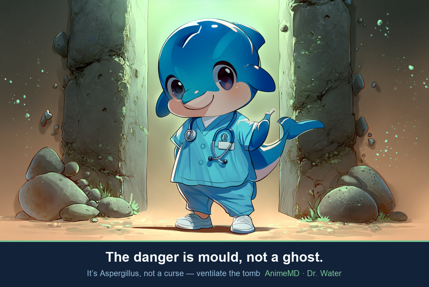 Dr. Water the dolphin gestures toward an ancient tomb doorway with green mold spores; the danger is mould, not a ghost